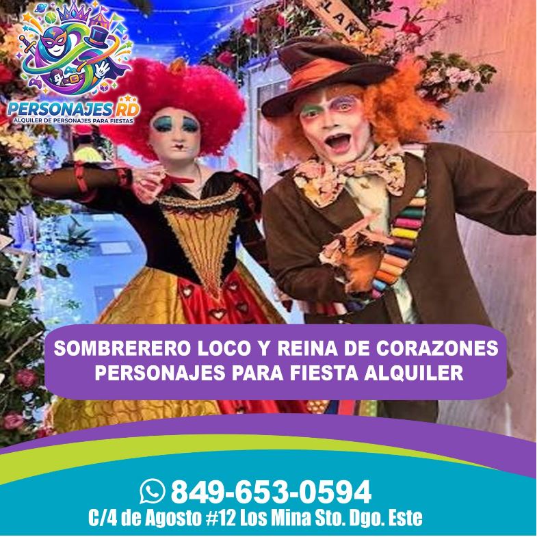 Sombrerero loco y la reina de corazones personajes para fiesta alquiler